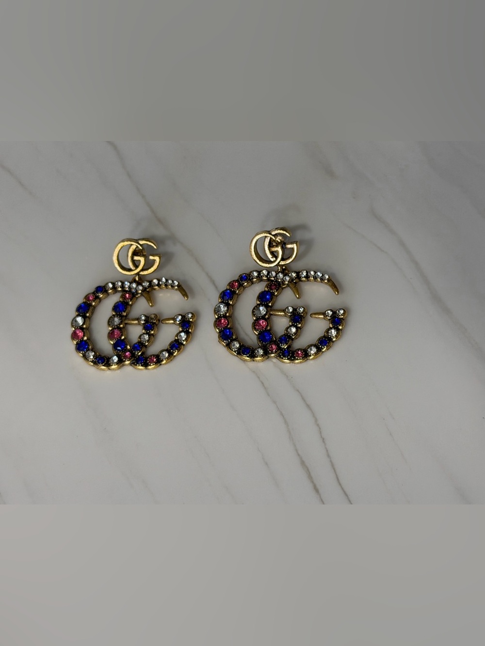 Gold Double G Earrings with Blue and Pink Crystal Accents